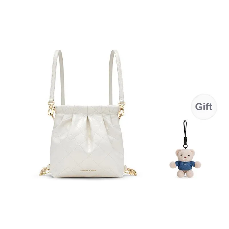 CHARLES&KEITH Polyurethane Synthetic Leather Backpack Women's Black/Cream Milk White/Silver/Pink-8