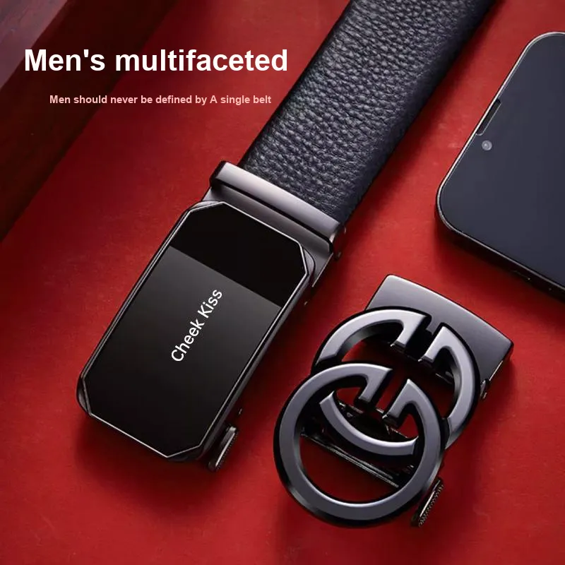 Cheekkiss Top Grain Cow Leather Litchi Grain Automatic Buckle Clothing Sets Leather Belts Men's 3.5cm-2