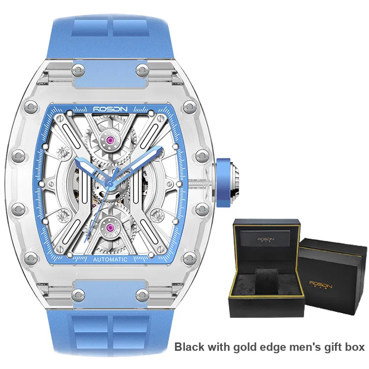 ROSDN Trendy Fashion Collection Automatic Mechanical Movement Silicone Strap Watch Men's Watches Cut Out Dial G2702-5