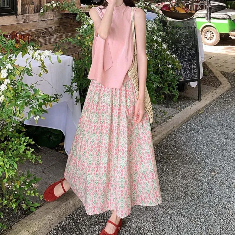 TURN UP Skirt Set Women's Clothing Sets Pink Green Two Piece Set+Bowknot Hair Tie Comes With-3