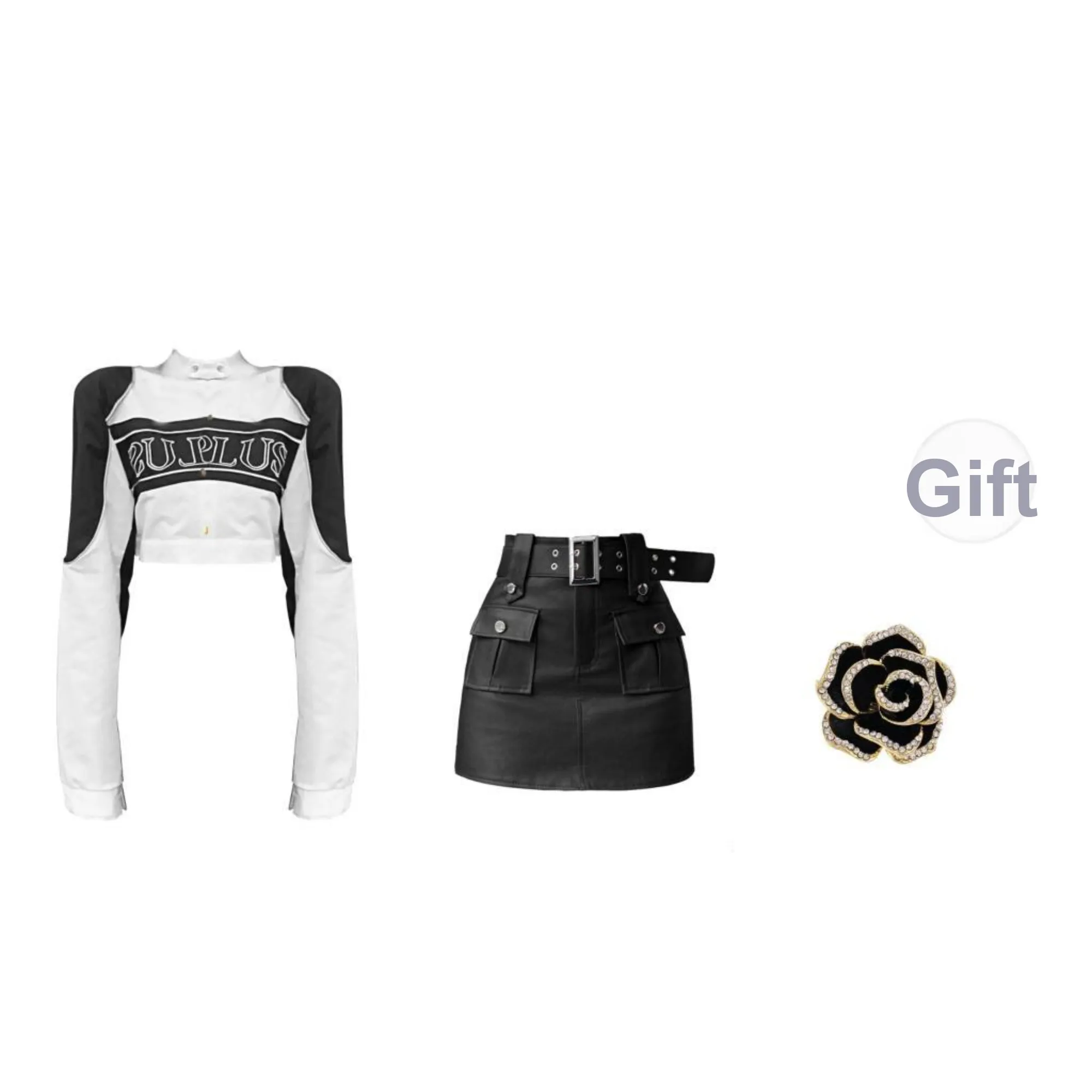 ONNFB Two Piece Skirt Sets Women's Hot Girl Motorcycle Jacket+Black Belt Skirt