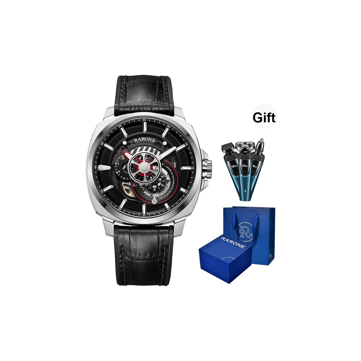RARONE Interstellar Series Fanatic Mechanical Movement Genuine Leather Strap Watch Men's Watches Black Dial