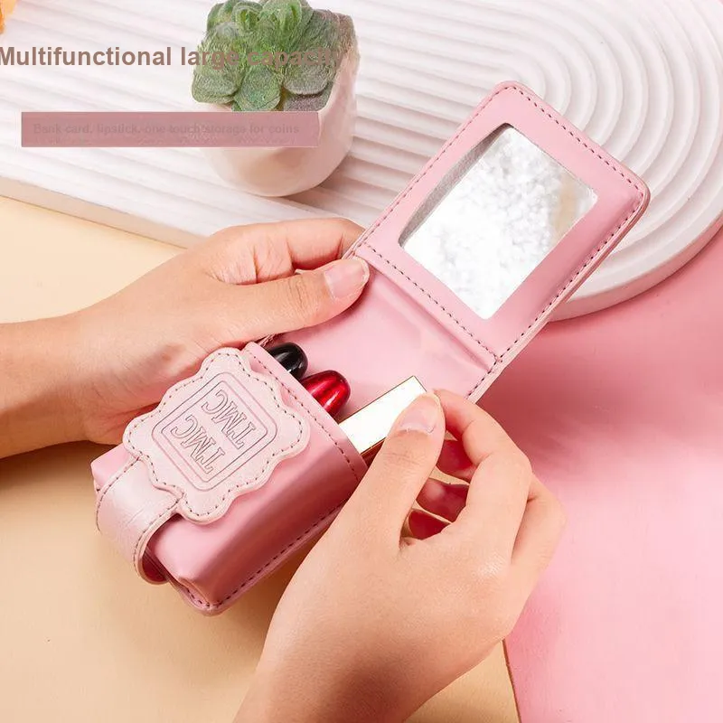 YUECHUMEI Lipstick Bag, Cute Pink, Portable Refillable Makeup Bag, Handheld With Mirror, Makeup Tool-1