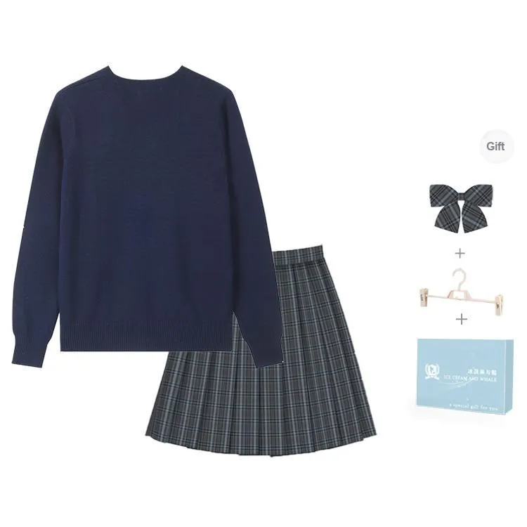 Ice Cream And Whale Uniforms Women's Dark Blue Pullover Sweater+Lulan River Plaid Skirt Comes With A Free Bow Tie-1