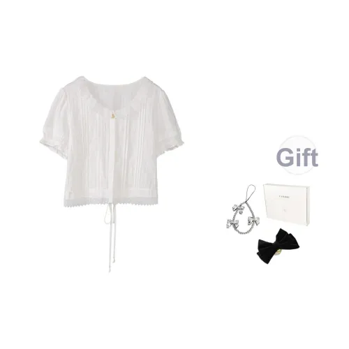 Fstudio Корейский стиль 100% хлопок Круглый вырез HIGH RISE Модный Кружевная отделка Топ Короткий рукав Т-рубашка Женская Белая