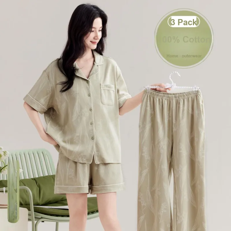 Urban Beauty Pajama Set Artistic Style Soft Comfortable, Breathable Skin Friendly Women's Set Of 3 Green-1
