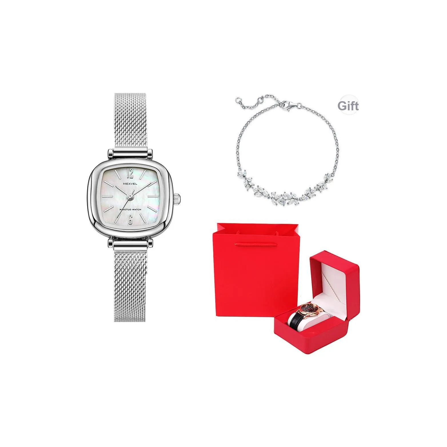 MEXVEL GOOD Looking Модный Милый Small Square Sugar Wrist Watch Кварцевый механизм Стальной ремешок Часы Женские часы