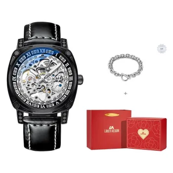 LIBER AEDON Automatic Mechanical Movement Genuine Leather Strap Black Dial Men's Watches