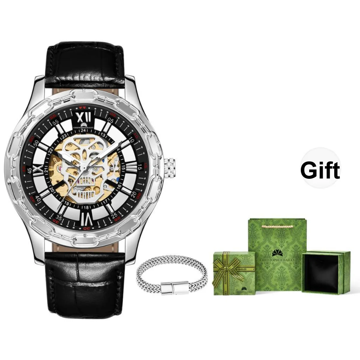 Corriberty Mechanical Movement Genuine Leather Strap Watch Men's Watches Cut Out Dial