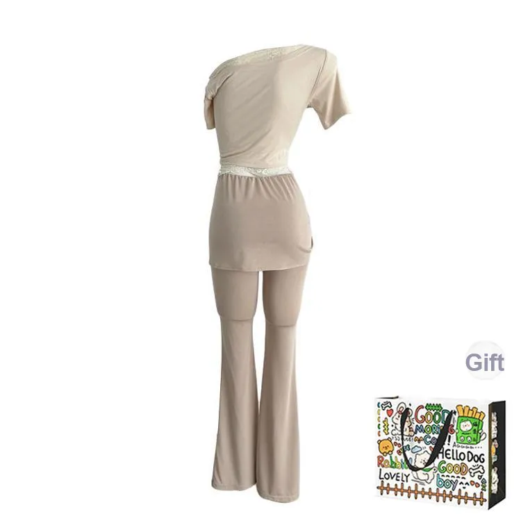 HAPG Casual Suit Women's Lace Off Shoulder Top+Yoga Pants