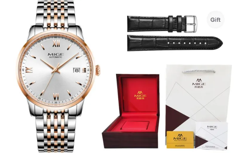 MIGE Modern Automatic Mechanical Movement Stainless Steel Watchband Watch Men's Watches White Dial-0