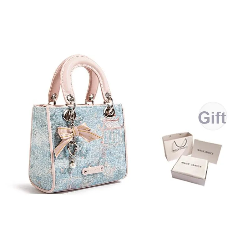 MACKJANICE Полиуретан Синтетическая Кожа Сумка Женская Синие Белые Вышитые Розовые