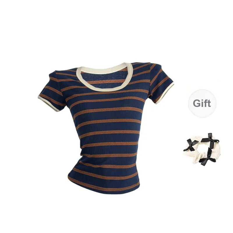 XUOIZA T Shirts Women's Dark Blue Stripe+Ribbon Scrunchi Buy And Give-0