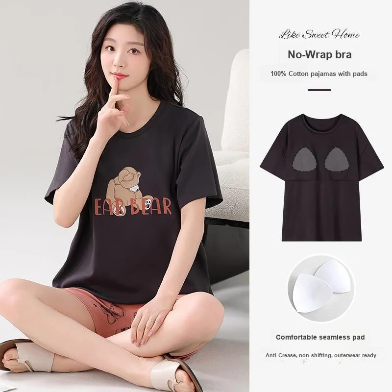NOME Spring Summer 100% Cotton Pajamas, Short Sleeved Shorts Women's Two Piece Set-4