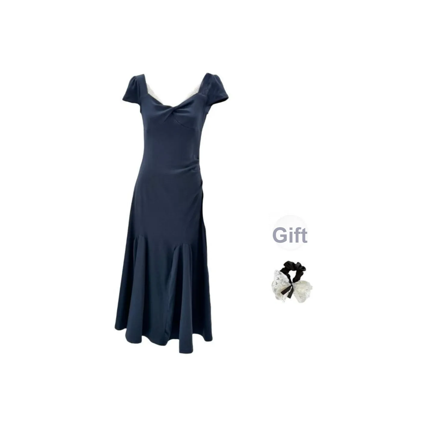 TUSHIFEI Short Sleeved Dress Women's Navy Blue+Hair Tie Comes With