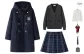 Dark Blue Coat (Lining Padded)+Blue Plaid Skirt, Comes with Cardigan+Shirt+Tie+Badge