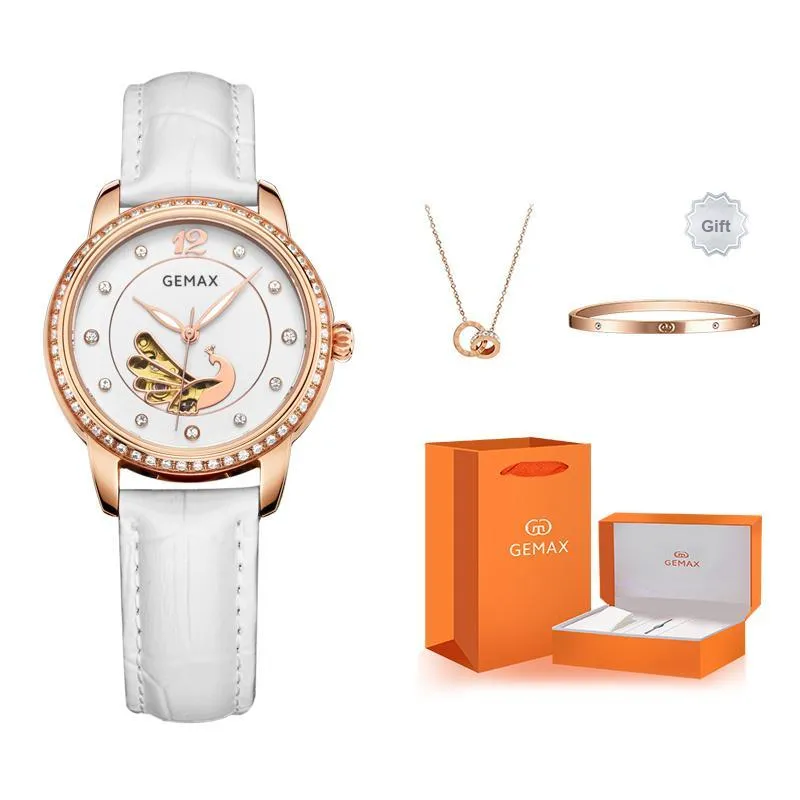 GEMAX Wrist Watch Automatic Mechanical Movement Cow Leather Strap Watch Women's Watch White Dial-4
