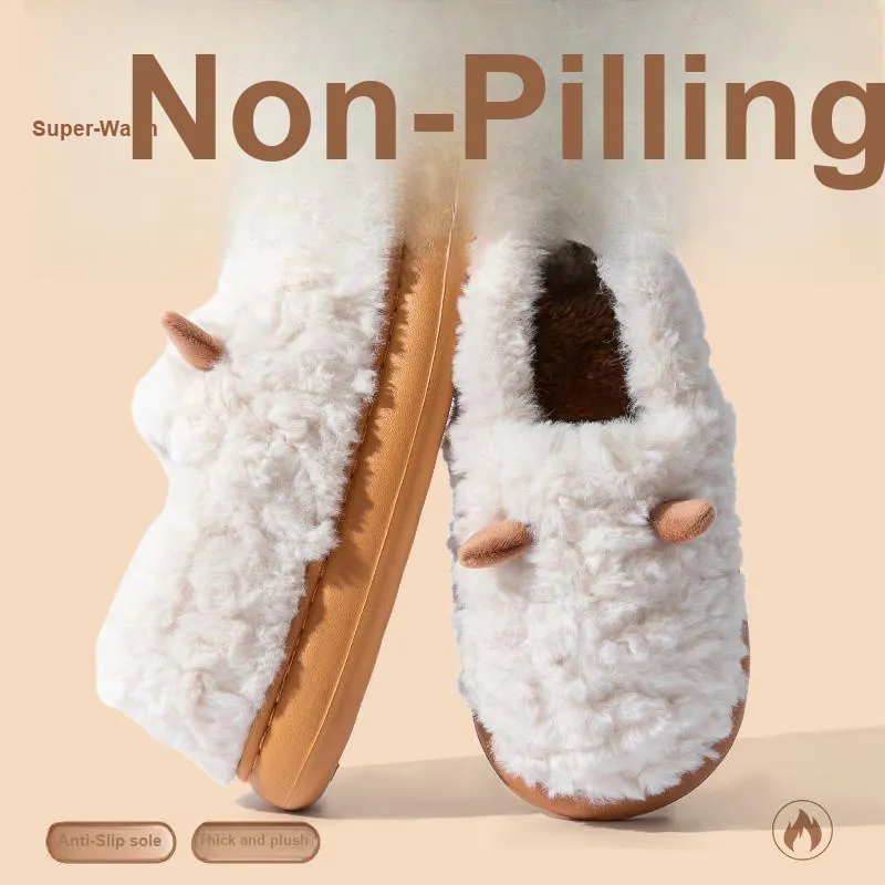 Foot Recreation 3D Effect Small Ears Solid Color Fleece Slippers Winter Home Indoor Warm Cotton Home Slippers Unisex-3