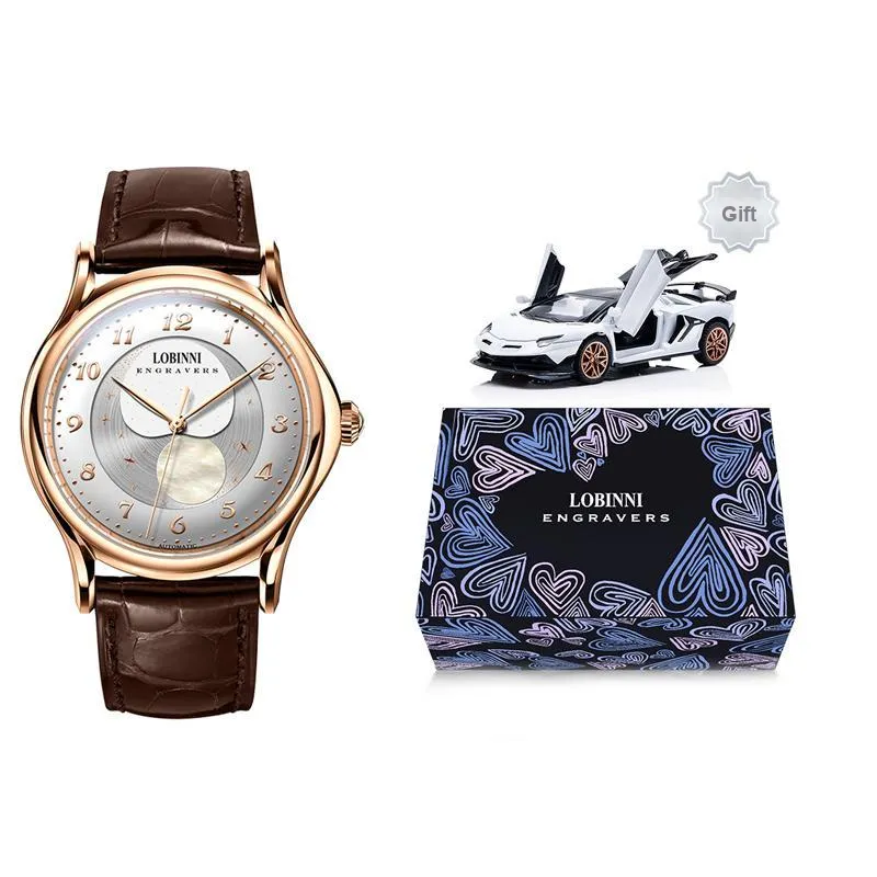 LOBINNI L Mechanical Movement Genuine Leather Strap Watch Men's Watches Black Dial-12