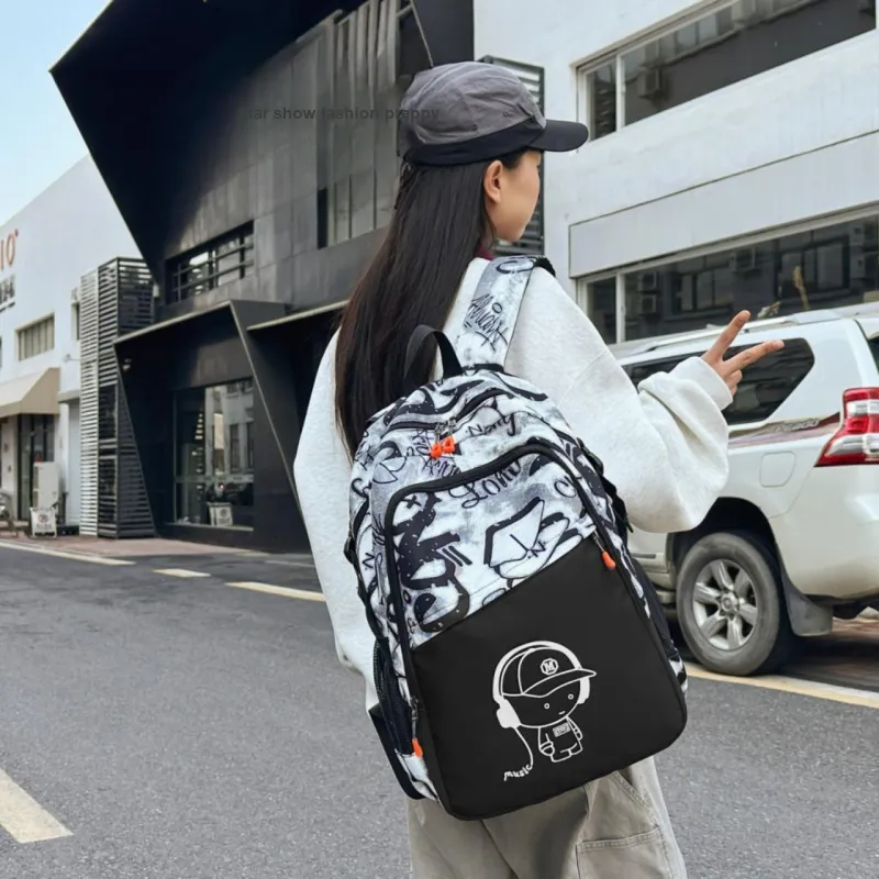 AIBAG Nylon Backpack Unisex Black/White/Blue-11