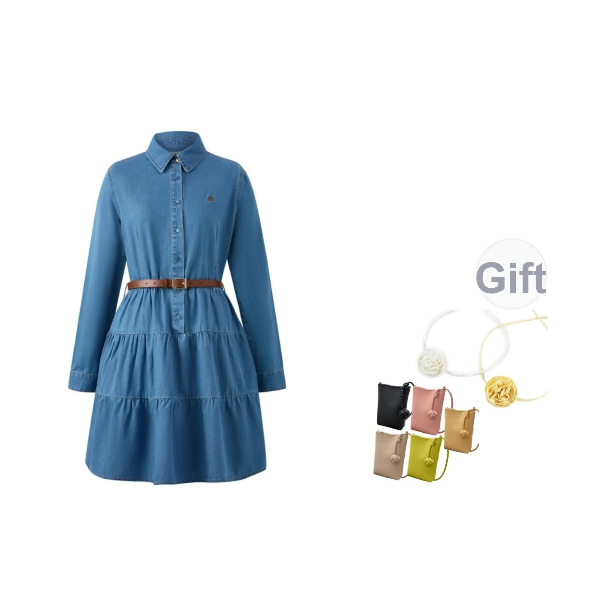 E.land Длинное платье с длинными рукавами женское светлый деним