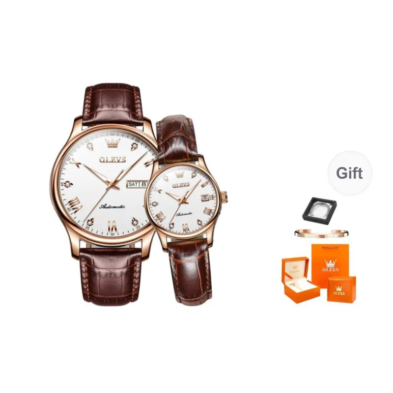 OLEVS Heart to Heart Knot Collection Mechanical Movement Leather Strap Watch Unisex White Dial-3