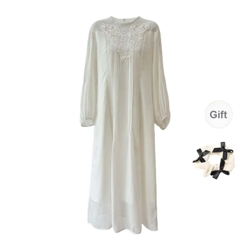 Long Sleeved Dress Women's Apricot Bowknot Hair Tie Comes With Style-0