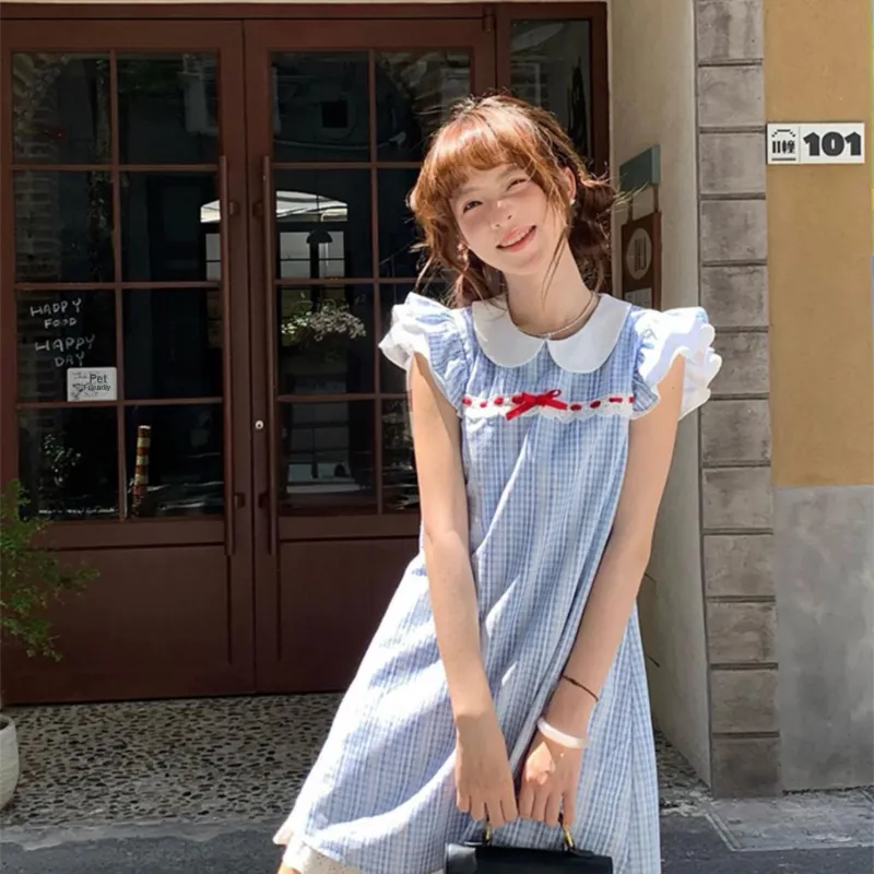 DOKZB Short Sleeved Dress Women's Blue Plaid-4