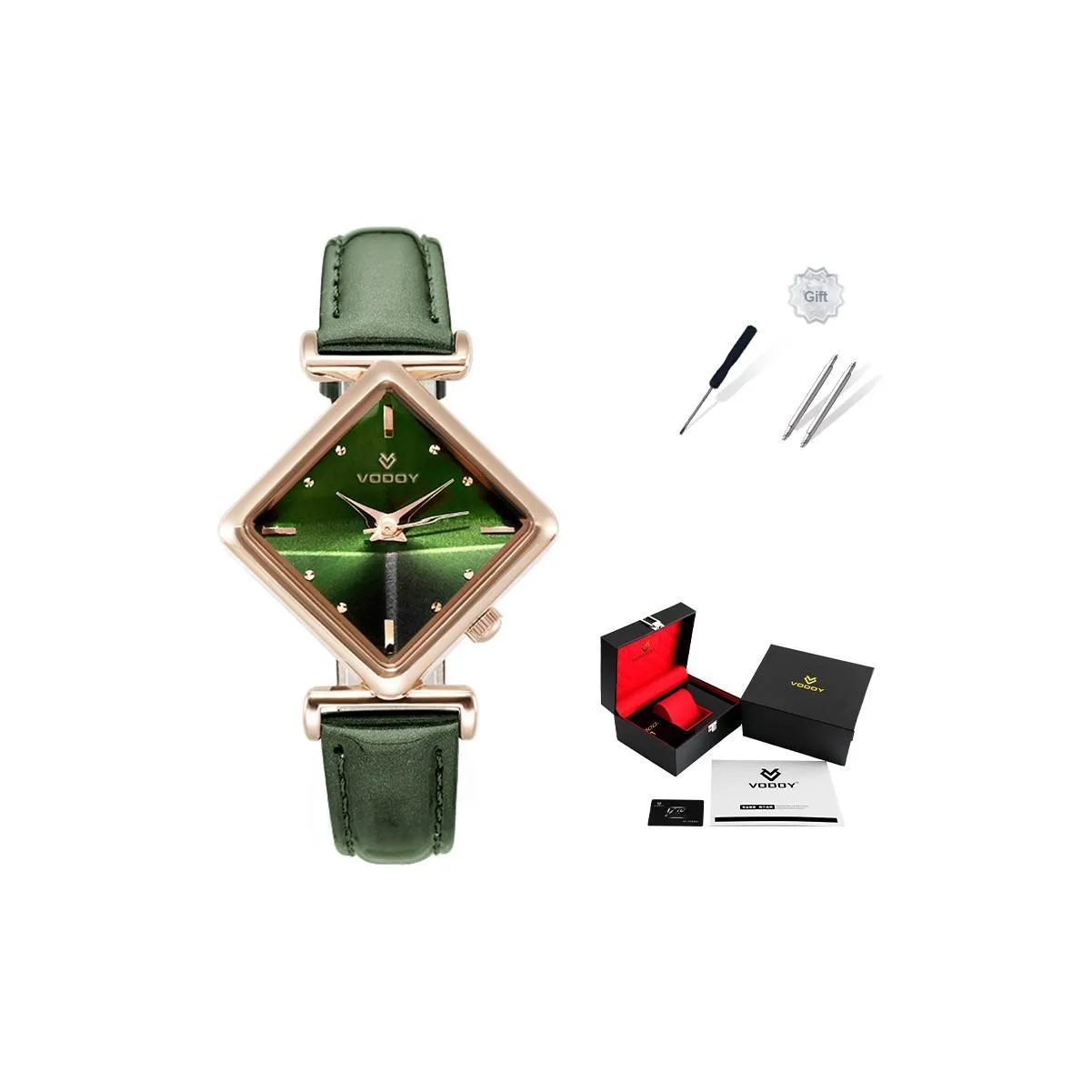 VODOY Fashion Casual Универсальный Часы Кварцевый Механизм Кожаный Ремешок Часы Женские Часы Зеленый Циферблат