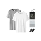 Crew Neck 2 Pack (White+Heather Gray) with 2 Pack Cotton Socks+Shopping Bag