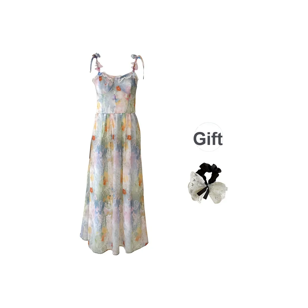 PAVEA Slip Dresses Women's Oil Paintings Pink Blue+Hair Tie Includes