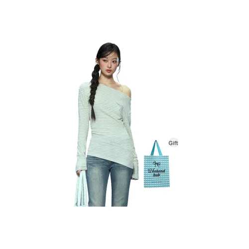 WEEKEND HUB Стандартный Корейский стиль Утягивающий Полосатый Т-рубашка Женская