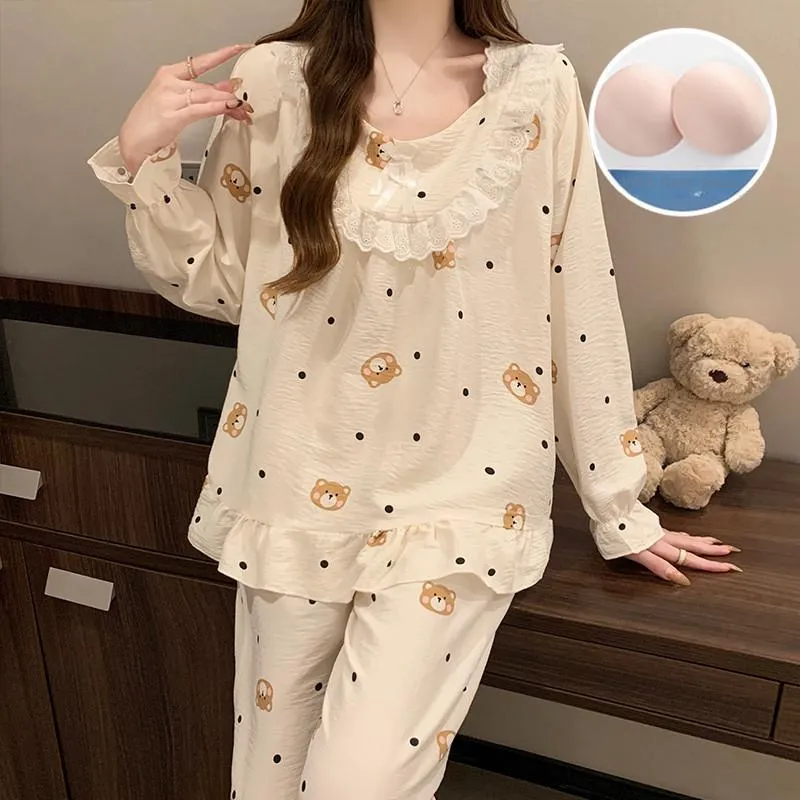 Pretty Lady Pajama Set Women's Apricot Base With Polka Dot-5