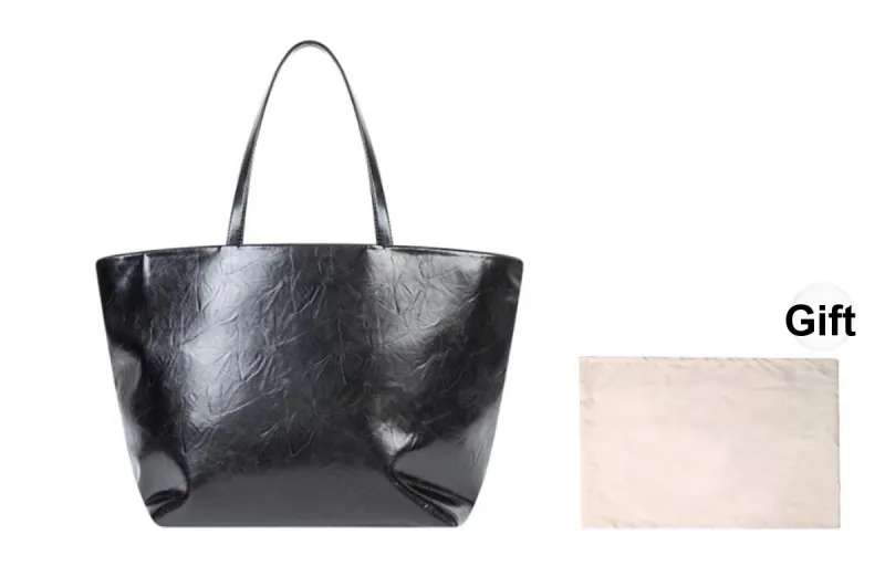 Charlie Luciano Polyurethane Tote Bag Shopping Bag Handbag Shoulder Bag Large Size Unisex Black-1
