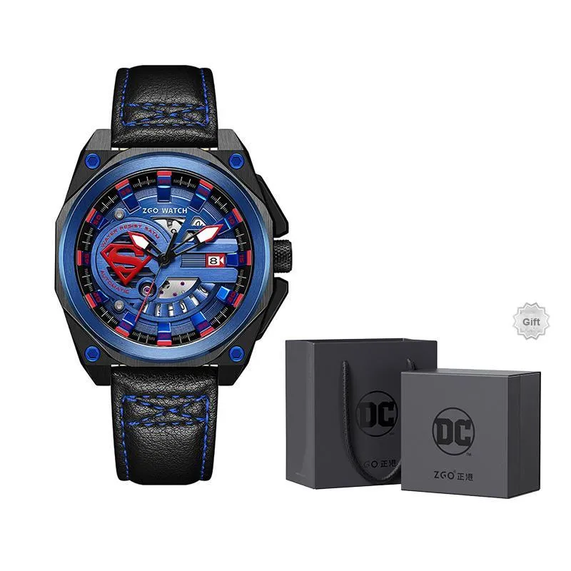 Zgo Warner DC Collaboration Automatic Mechanical Movement Leather Strap Watch Men's Watches Blue Dial-1