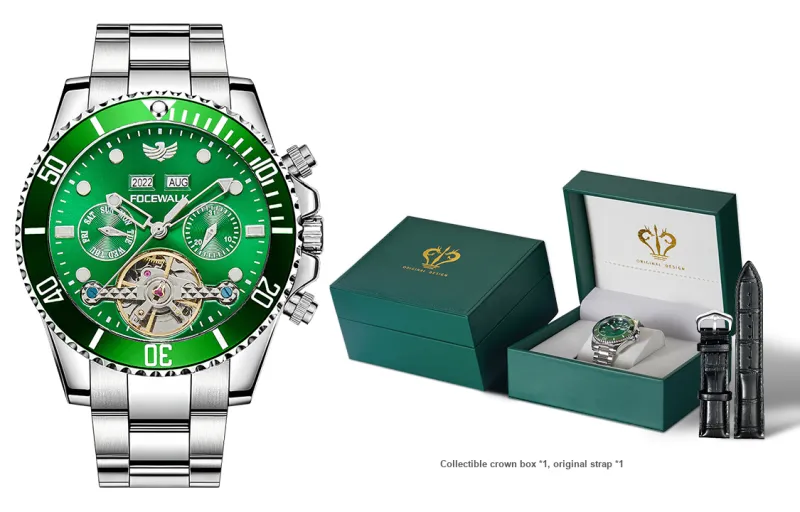 FOCEWALK Green Water God Collection Aqua Green God Mechanical Movement Steel Strap Watch Men's Watches Green Dial-0