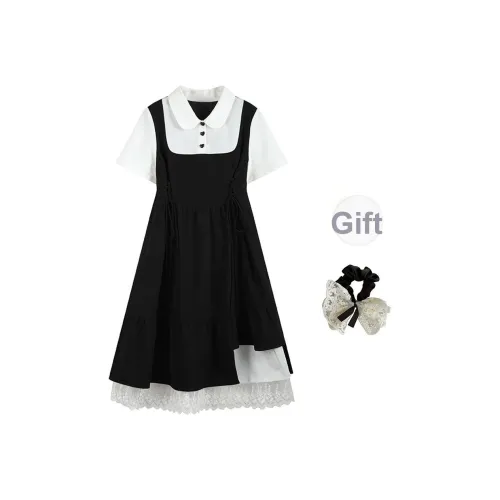 Черный + Резинка для волос С подарками Женские Короткие Платья с рукавами