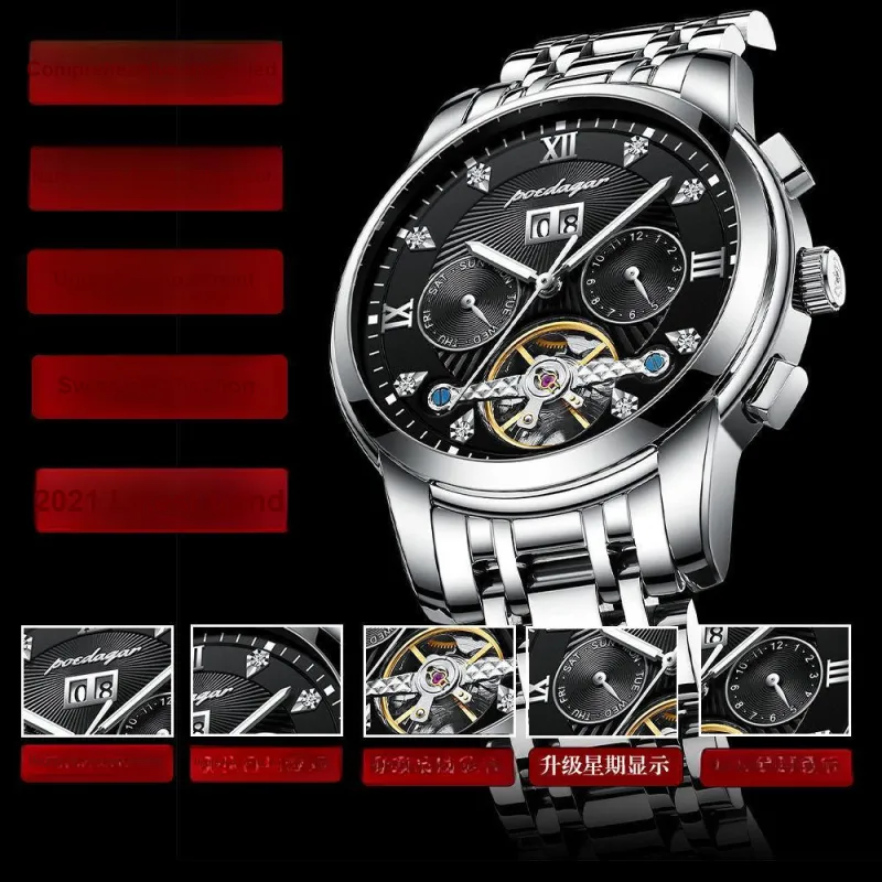 POEDAGAR Mechanical Movement Stainless Steel Watchband Men's Watches Black Dial-3