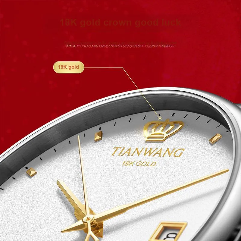 TIANWANG Golden Label Brings Blessings. Mechanical Movement Stainless Steel Strap Watch Men's Watches White Dial-5