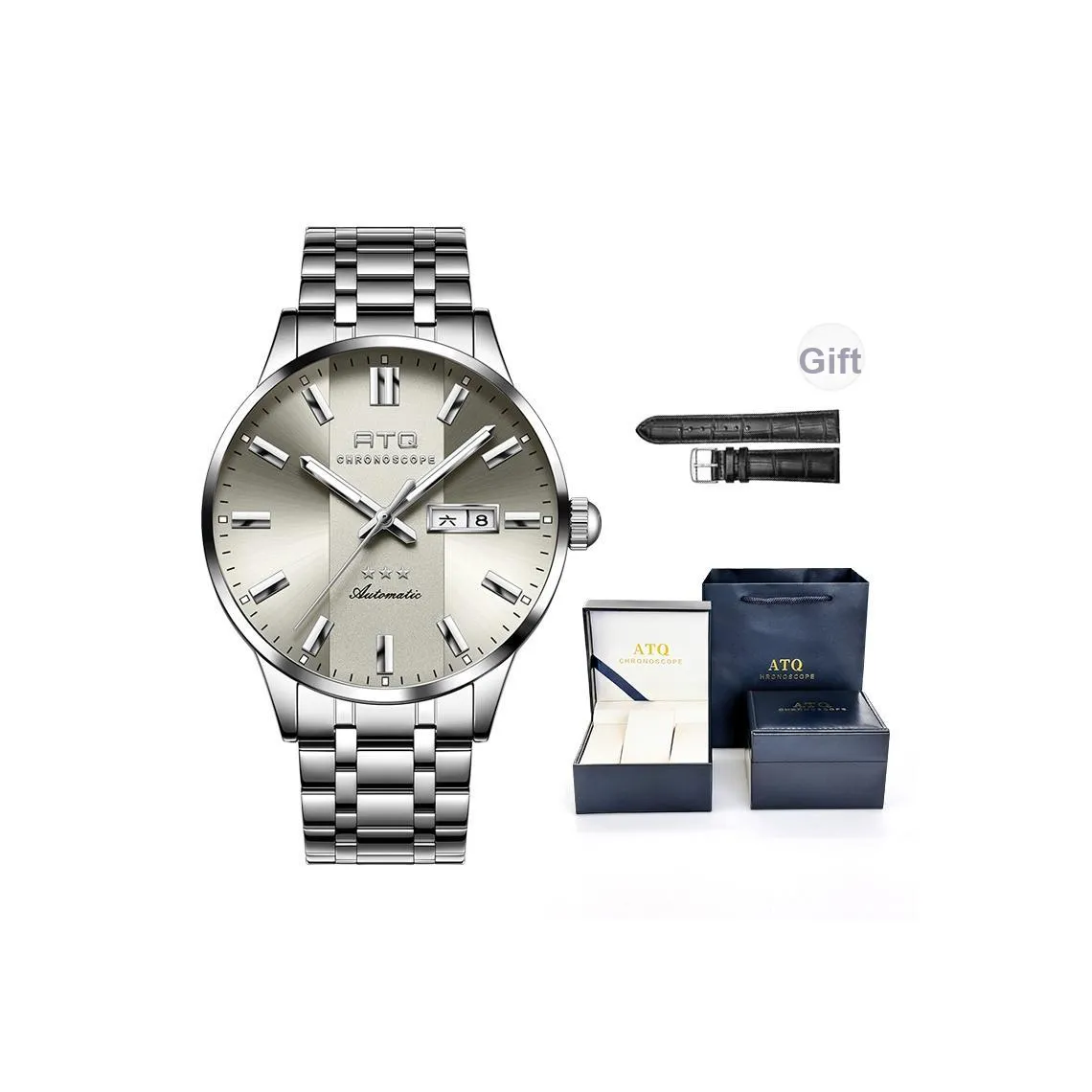 ATQ Elegant Series Автоматический Механический Механизм Нержавеющая Сталь Ремешок Часы Мужские Серый Циферблат