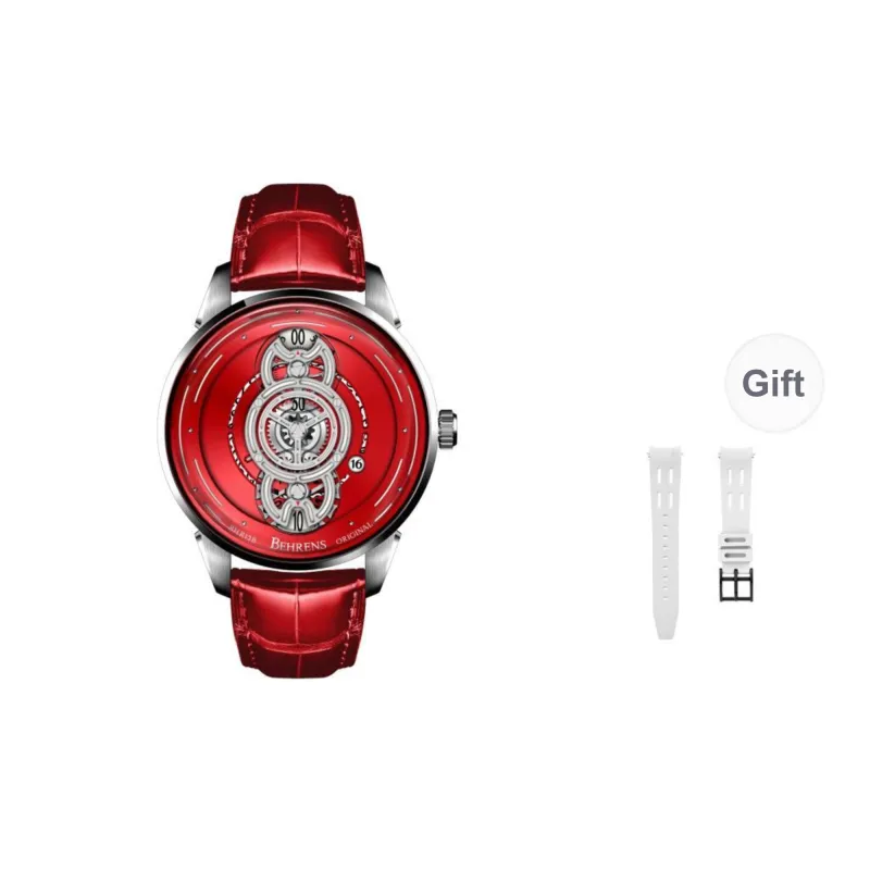 BEHRENS Original Collection Automatic Mechanical Movement Genuine Leather Strap Watch Unisex Red Watch Dial-4