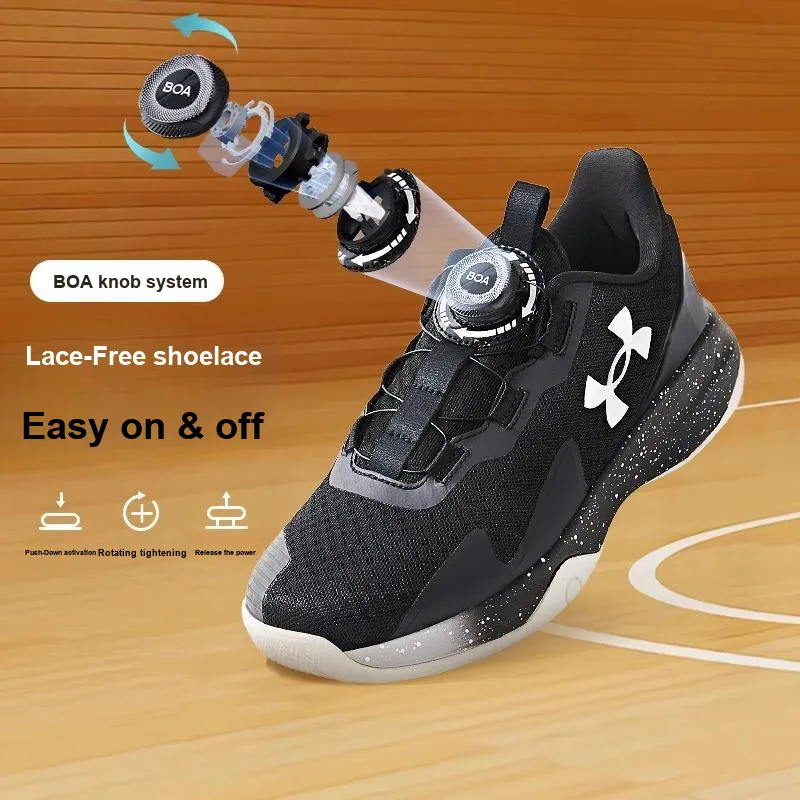 Under Armour Anti Slip Wear Resistant Low Top Children's Basketball Shoes Black White Unisex-2
