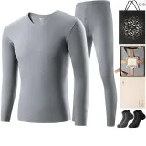 Men's V-Neck Clothing Sets (Lilac Gray) Dralon Heat/Seamless Antibacterial/Includes 2 Pack Socks