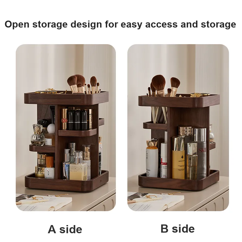 Initial Intention Cosmetics Storage Rack Rotatable Walnut Wood Solid Wood Rack-4