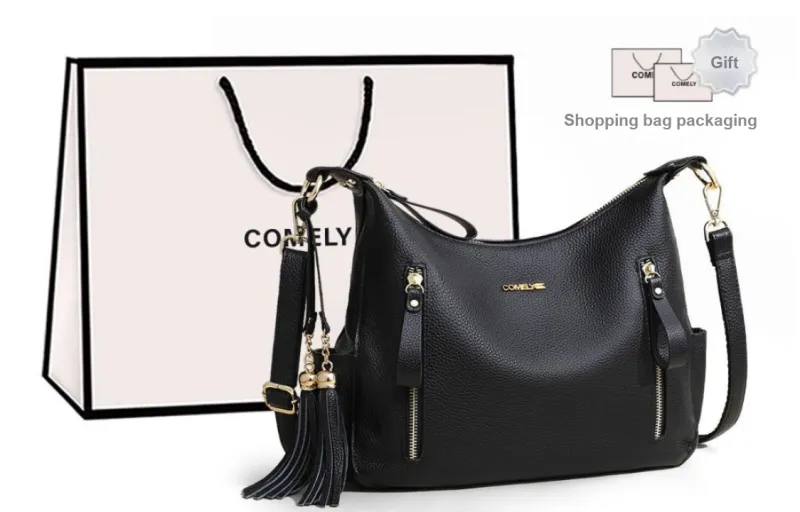 COMELY Cow Leather Patchwork Synthetic Leather Crossbody Bags Shoulder Bags Medium Size Women's Black-0