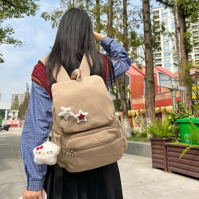 LUVISTRUE Corduroy Backpack Medium Size Women's Beige/Khaki/Black-6