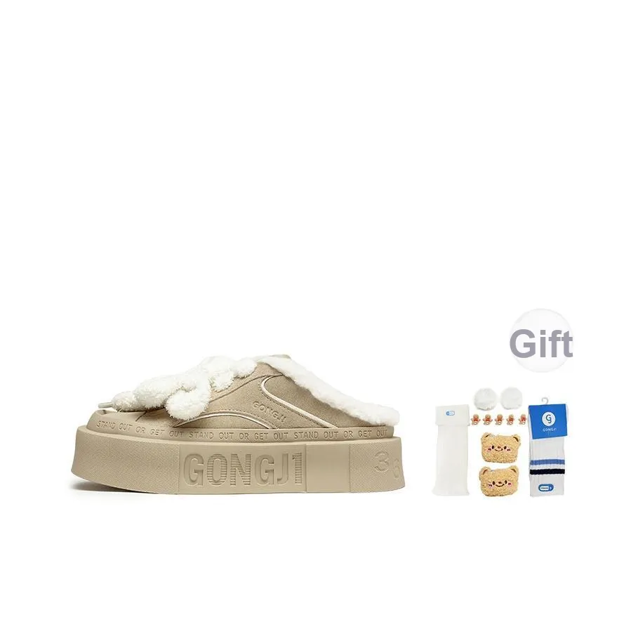 GONGJI Square Inches Fuzzy Abrasion Resistant Slip Resistant Wrap toe Slippers Women's Khaki