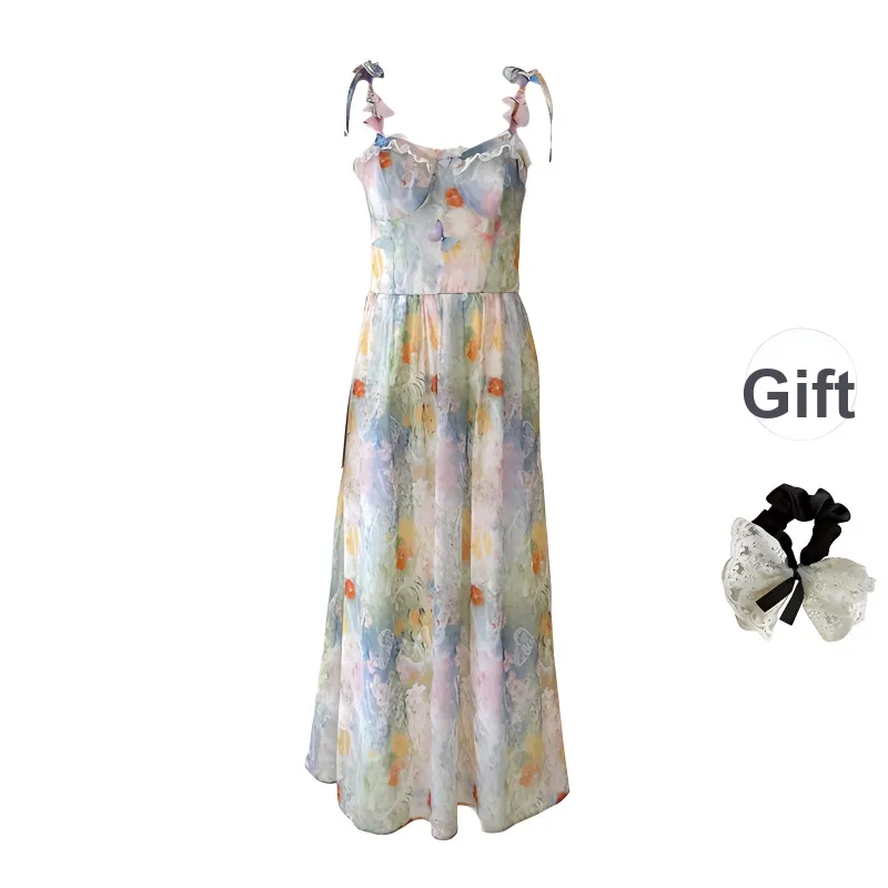 PAVEA Slip Dress Women's Oil Painting Pink Blue+Hair Tie Comes With
