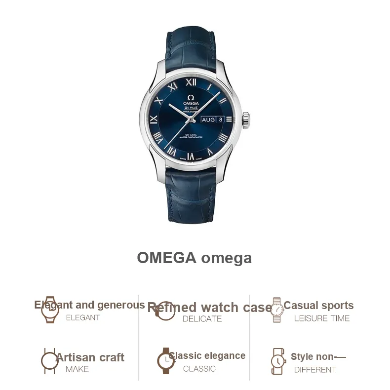 OMEGA Automatic Mechanical Movement Men's Watches Watch Blue Dial Stainless Steel Case Crocodile Leather Strap-2
