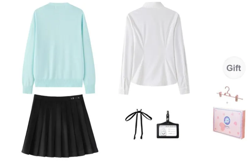 Tokyo Season Uniforms Women's Aqua Blue Sweater+Black Pleated Skirt, Comes With Free Shirt+Neck Strap+Badge-1